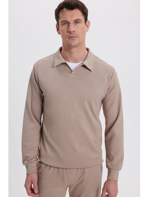 Myg Plus Tudors Relax Fit Polo V Yaka Sweatshirt, L, SW250046, Vizon, Erkek