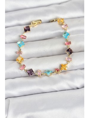 Efnaz Style Kristal Taşlı Kesimli Karışık Renkli Gold Renk Gema Kadın Bileklik