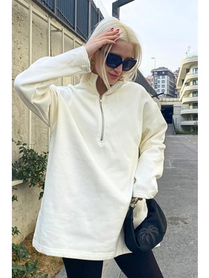 Myg Plus Madmext Ekru Fermuar Yaka Yırtmaçlı Sweatshirt MG1903,EKRU S