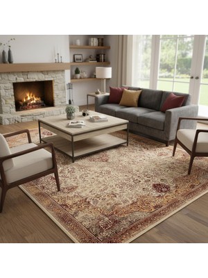 Carpettex Krem Kahve Otantik Eskitme Halı Dijital Baskılı Kaymaz Tabanlı Yıkanabilir Leke Tutmaz Kaymaz Taban 100x100 cm