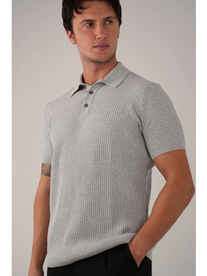 Allunique Gri Polo Yaka Kısa Kollu Triko