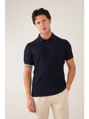 Allunique Lacivert Polo Yaka Kısa Kollu Triko