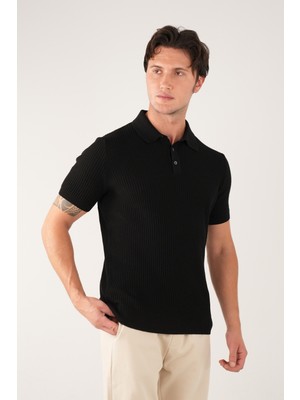 Allunique Siyah Polo Yaka Kısa Kollu Triko