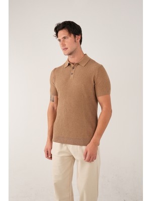 Allunique Bej Polo Yaka Kısa Kollu Triko