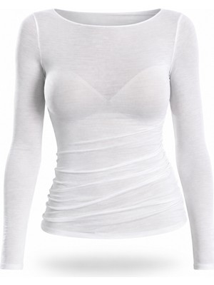 5in1Canpolat Beyaz Kayık Yaka Transparan Bluz 25187