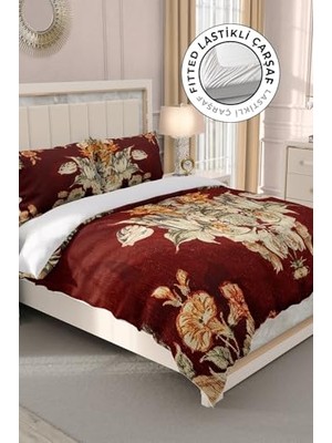 Pratik Ev Lastikli ÇARŞAFLI%100 Pamuk Saten Çift Kişilik Nevresim Takımı Glazed Bouquet, MONOHOME32982
