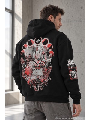 Polo State Erkek Kitsune Anime Baskılı Oversize 3 Iplik Şardonlu Kapüşonlu Sweatshirt