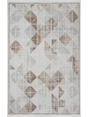 Pratik Ev Nevada 2503 Krem Bej Modern Çizgili Makine Halısı, Parlak Dokulu