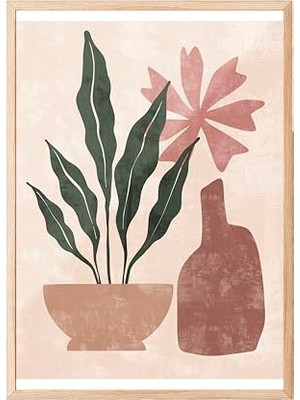 Pratik Ev Ahşap Çerçeveli Tablo, Pembe Vazo ve Çiçekler, Organik Şekillerle Minimal Stil Poster No: 107950 15 x 21