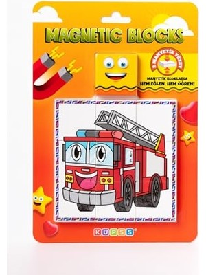 Pratik Ev Manyetik Blok, Çift Taraflı, 9 Parçalı, Mıknatıslı Itfaiye-Traktör Puzzle, 2 Görsel Yapboz