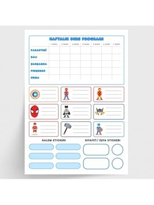 Pratik Ev Mavi Kahraman Figürlü Sticker Seti: Isimlik, Ders Programı, Kalem ve Eşya Etiketleri, 10 Sayfa