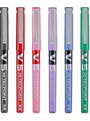 Pratik Ev V5 Hi-Tecpoint Roller Kalem, Ince 0,5 mm Uç Ucu, 0,3 mm Çizgi Genişliği, 6'lı Paket, Siyah, Mavi, Kırmızı, Yeşil, Mor ve Pembe