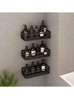 Pratik Ev 3'lü Banyo Düzenleyici Organizer Siyah, Yapışkanlı Duş Rafı Şampuanlık Havluluk Havlupan Askısı, Banyo Mutfak Duvar (Siyah, 2)