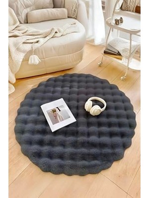 Pratik Ev Bubble Yuvarlak Antrasit Uzun Tüylü Yumuşak Peluş Kaymayı Önleyici Yıkanabilir Salon Oturma Odası Balkon Halı 150 x 150