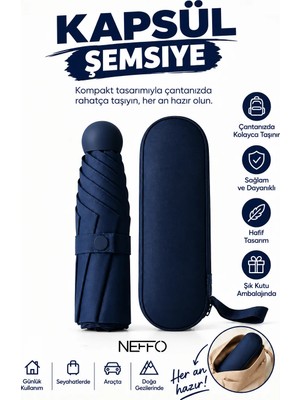 Neffo Çantalı Kapsül Şemsiye Katlanabilir Taşınabilir Mini Cep Şemsiyesi Rüzgar ve Yağmur Koruması