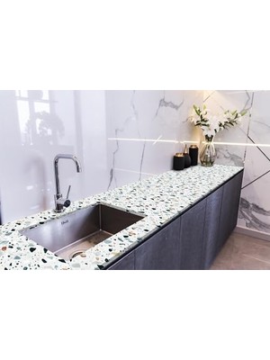 Pratik Ev Tezgah Üstü Fayans Kaplama Folyosu Mutfak Tezgahı Kaplama Terrazzo Döşeme 70 cm x 3 Metre