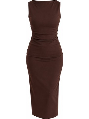 Laluvia Kahverengi Drape Detaylı Midi Yırtmaçlı Elbise - 2Y0506