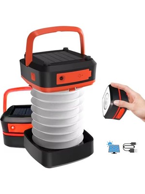 Pratik Ev Solar Akordeon Kırmızı Kamp Lambası 360° LED Beyaz Işık Dahili Batarya Güneş Paneli + USB Şarj El Feneri Seyahat, Yürüyüş Piknik Dış Mekan Aktivite Aydınlatma Lambası