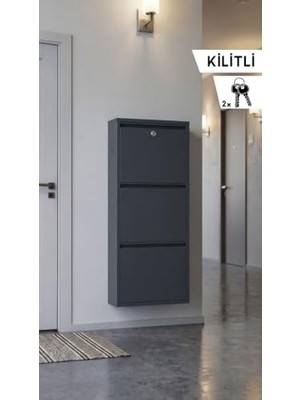 Pratik Ev Kilitli Üçlü Metal Ayakkabılık, Yedek Anahtarlı, Antrasit