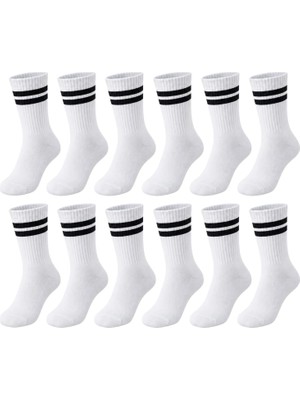 Unisex Beyaz Çorap Siyah Çizgili 12'li Set Uzun Soket Günlük Spor Kolej Stil Kadın Erkek Çorabı — Beyaz, 39-44