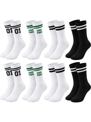 Unisex Çorap Çizgili 8'li Set 07 Good Vibes Baskılı Siyah Beyaz Uzun Soket Spor Kolej Stil Çorap — Çok Renkli, 39-44