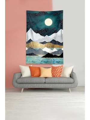 Pratik Ev Mavi-Beyaz Ay Tutulması Leke Tutmaz Kadife Kumaş Duvar Örtüsü Duvar Halısı Tapestry WLL326,35 x 50