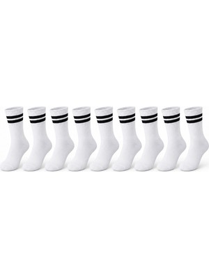Unisex Beyaz Çorap Siyah Çizgili 9'lu Set Uzun Soket Günlük Spor Kolej Stil Kadın Erkek Çorabı — Beyaz, 36-40