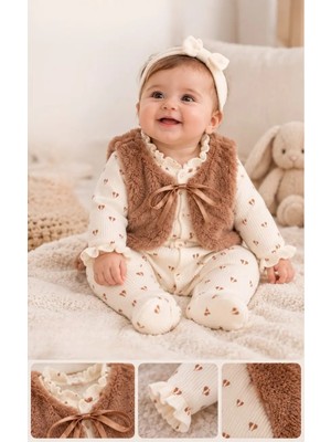 Valia Baby Peluş Yelekli Lale Desenli Patikli Tulum Takımı