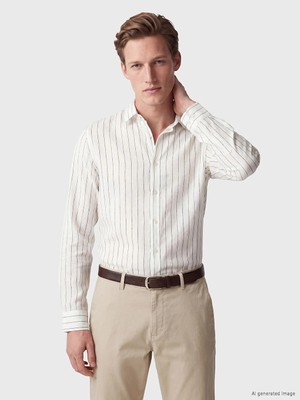 Lc Waikiki Yeni Sezon Beyaz Regular Fit Çizgili %100 Keten Erkek Gömlek