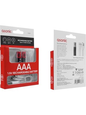 Pratik Ev PL1400 Aaa Şarjlı Pil 1.5 V 400 MAH/750MWH Type-C ile Kolay Şarj, 2'li Paket