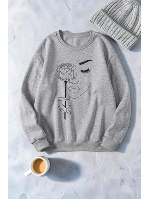 Unisex Gül & Silüet Baskılı Bisiklet Yaka Sweatshirt
