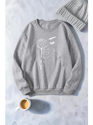 Unisex Gül & Silüet Baskılı Bisiklet Yaka Sweatshirt