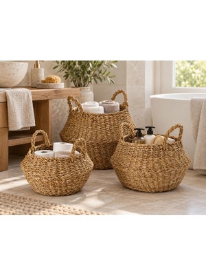Bahçem Dekoratif Natural Renk Yuvarlak Seagrass Hasır Saksı/sepet/organizer 3'lü Set