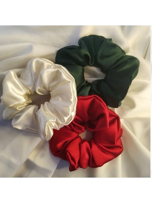 Tokalilya Kadın Lastikli Kırmızı Yeşil Beyaz Simit Saten Scrunchie Saç Toka 15 cm Zarif Tasarım