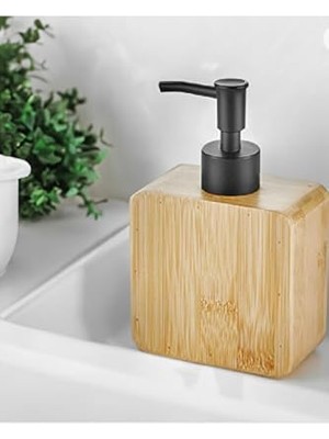 Pratik Ev Premium Doğal Bambu Sıvı Sabunluk, Pompalı Ahşap Kare Sabun Dağıtıcı