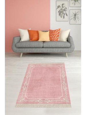 Pratik Ev Çerçeve Desenli Dijital Baskı Yıkanabilir Kaymaz Taban Düz Salon Halısı ve Yolluk, Pembe 160 x 350