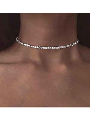 Pratik Ev Kadın Gümüş Renk Taşlı Choker Su Yolu Kolye, Gümüş