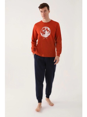 fiyakamstore Moons Kahverengi Erkek Uzun Kol Pijama Takım