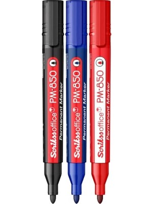 Pratik Ev Office Pm 850 Permanent Kalıcı Yuvarlak Uçlu Markör 3'lü Blister Siyah, Mavi, Kırmızı