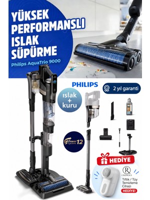 Philips Yeni 9000 Serisi 3 Ü 1 Arada Yüksek Emiş Güçlü Kendini Temizleme Fonksiyonlu Kablosuz Dikey Süpürge, Hibrit Güç Motorlu Yüksek Teknolojili+ Tiftik Cihazı( Onerous)
