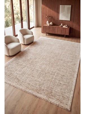 Serenza Home Living Vintage Krem Kahve Modern Eskitme Bambu Polyester Pamuk Taban Salon Yatak Odası Halısı 80 x 150 cm