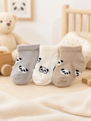 Karamila 3'lü Panda Bebek Kısa Çorap / Unisex Pamuklu Burun Dikişsiz