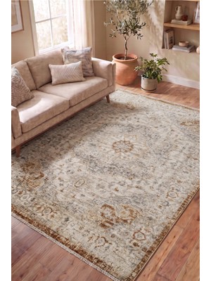 Serenza Home Living Vintage Kahve Krem Göbekli Eskitme Bambu Polyester Pamuk Taban Salon Yatak Odası Halısı 80 x 150 cm