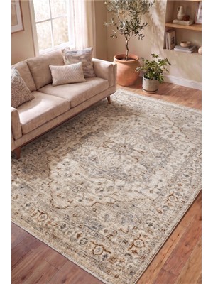 Serenza Home Living Vintage Krem Göbekli Eskitme Bambu Polyester Pamuk Taban Salon Yatak Odası Halısı 80 x 150 cm