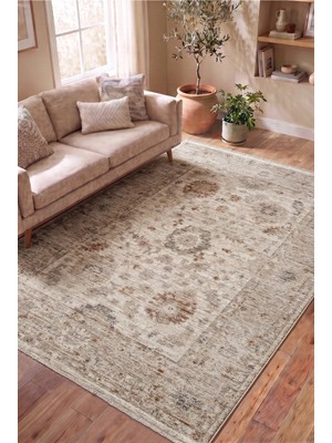 Serenza Home Living Vintage Krem Bordürlü Eskitme Bambu Polyester Pamuk Taban Salon Yatak Odası Halısı 80 x 150 cm