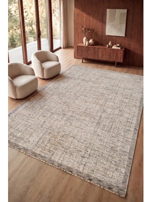 Serenza Home Living Vintage Krem Gri Modern Eskitme Bambu Polyester Pamuk Taban Salon Yatak Odası Halısı 80 x 150 cm