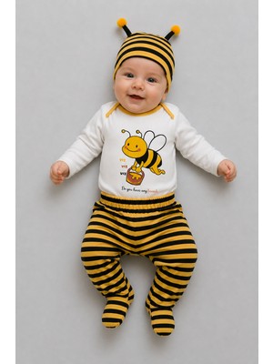 BEBEKİZ 3'lü Bebek Takımı %100 Pamuk Unisex Arı Desenli Uzun Kollu Zıbın Body Patikli Pantolon Şapka Seti 3-6 Ay