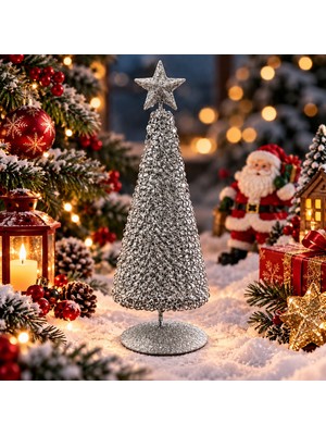 Oktay Sesal 23 cm Gümüş Yılbaşı Ağacı Metal Parlak Simli Gümüş Özel Tasarım Metal Noel Ağacı