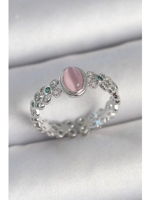 Efnaz Style Pirinç Gümüş Renk Zirkon Taş Detaylı Pembe Mineli Damla Model Ayarlanabilir Kadın Yüzük
