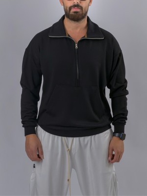 Cocopelli Fermuarlı Polo Yaka Siyah Erkek Sweatshirt COC3521